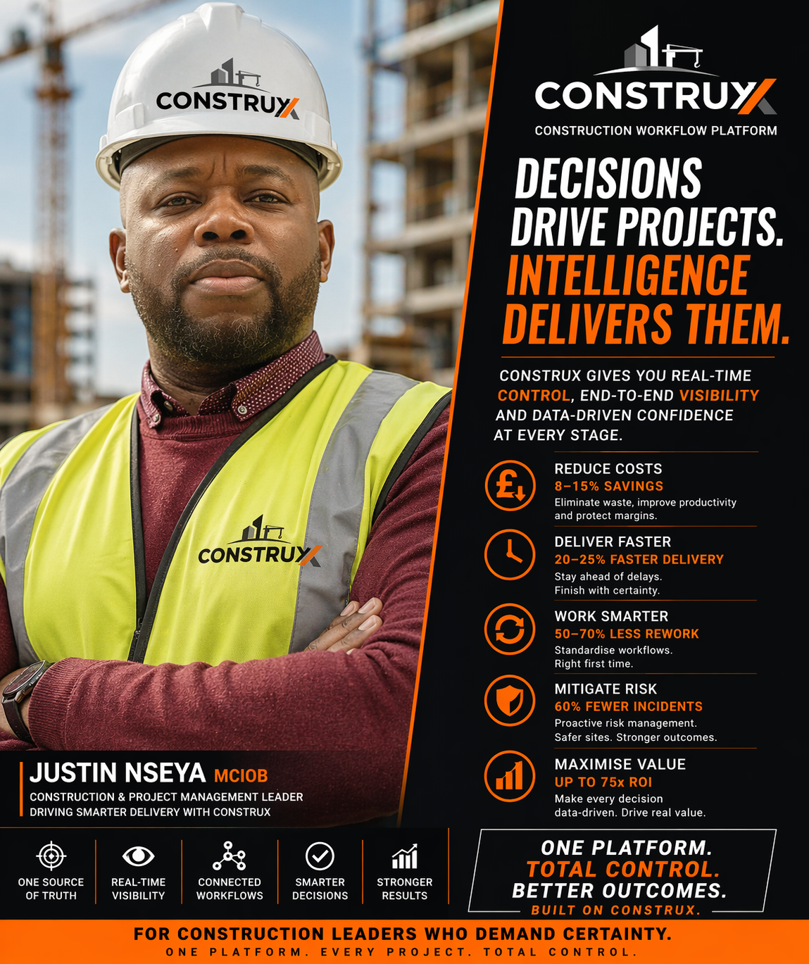 Justin Nseya MCIOB, construction and project management leader, on site.